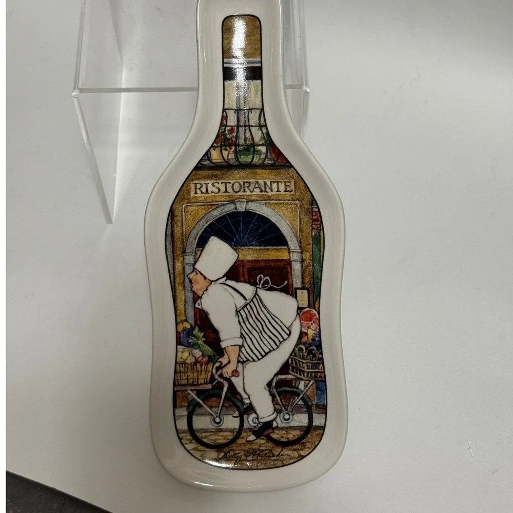CounterArt Ceramic Wine Bottle Spoon Rest Italian Chef Ristorante Bicycle 9.5in